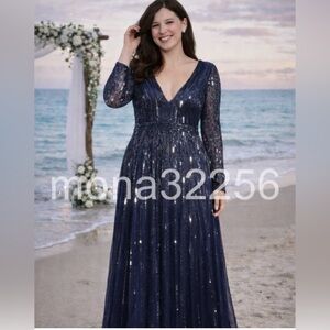 Mac Duggal (222) V neck illusion sleeve Navy Sequin Dress size 4 4977